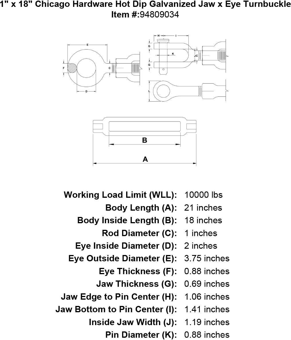 1 x 18 Hot Dip Galvanized Jaw x Eye Turnbuckle U177783