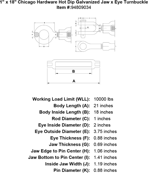 1 x 18 Hot Dip Galvanized Jaw x Eye Turnbuckle U177783