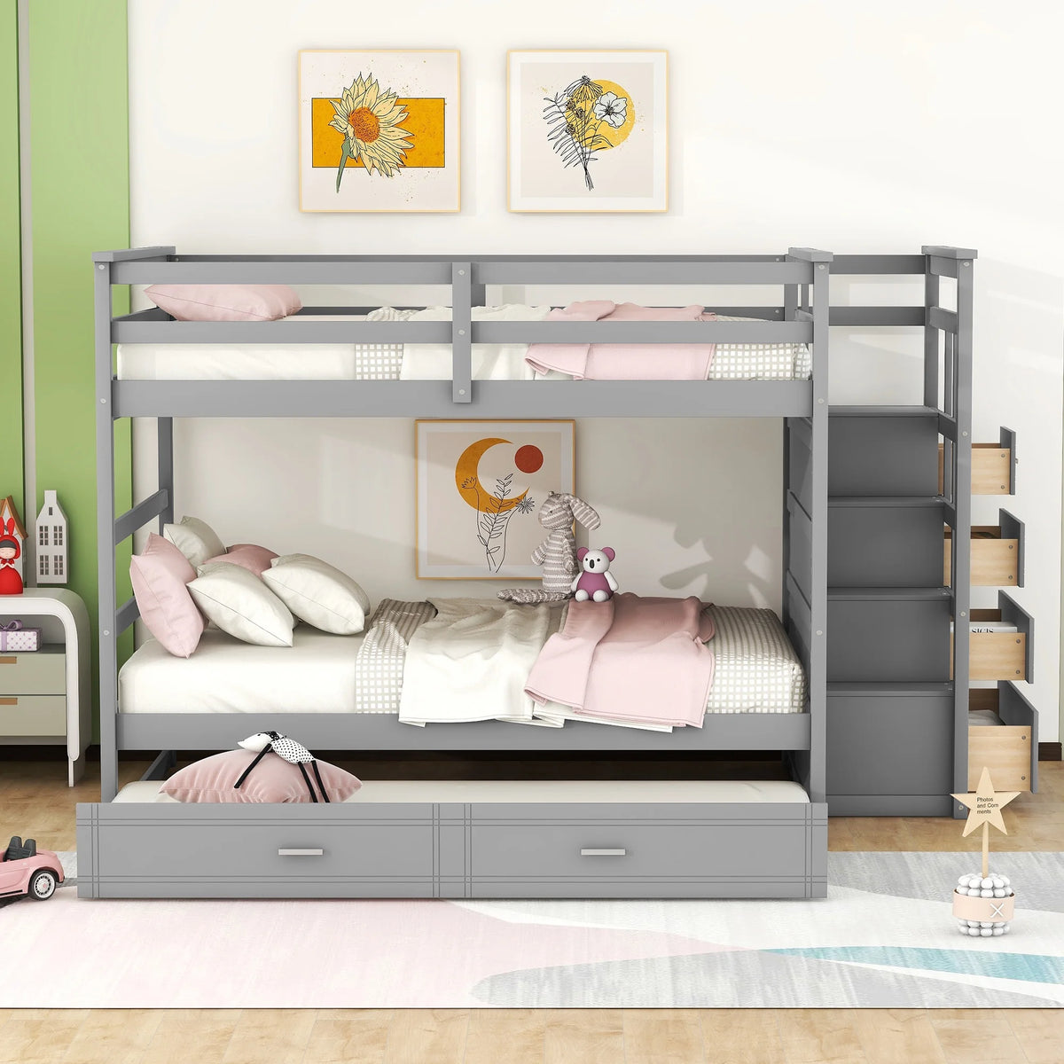 Full Over Full Wood Bunk Bed with Trundle and Stairs, Gray Q39865