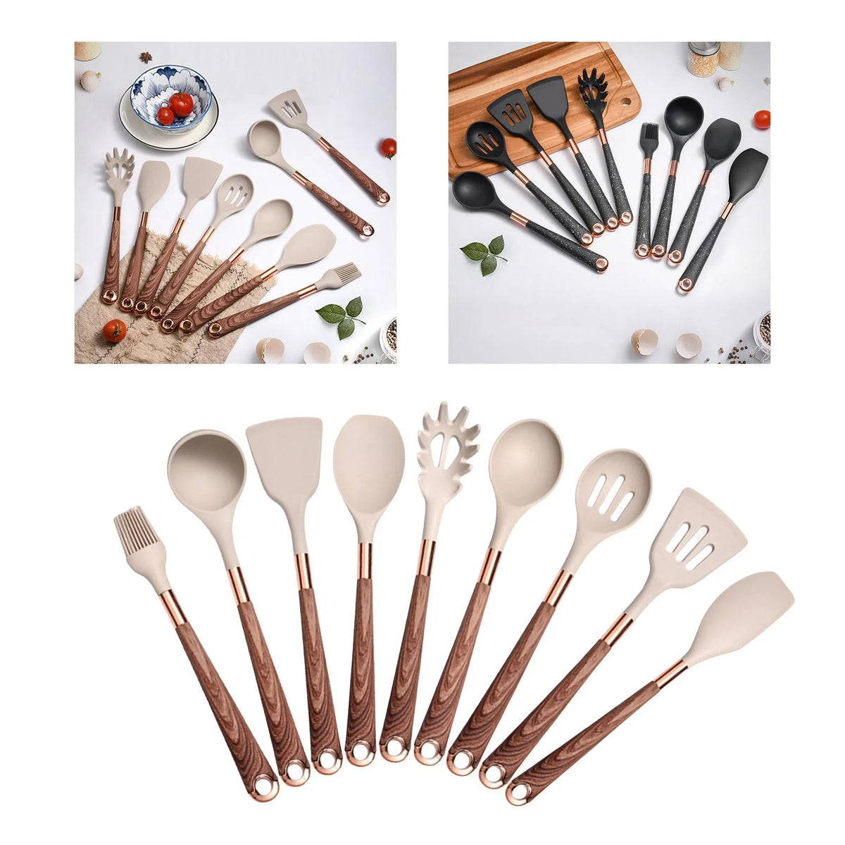 9pcs Silicone Kitchen Utensils Set with Brown Handle R1186