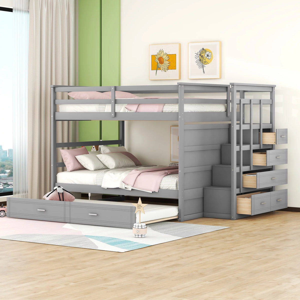 Full Over Full Wood Bunk Bed with Trundle and Stairs, Gray Q39865