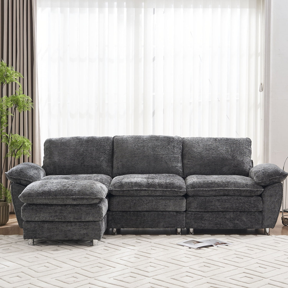101" Dark Grey Polyester Sectional Sofa with Ottoman W280