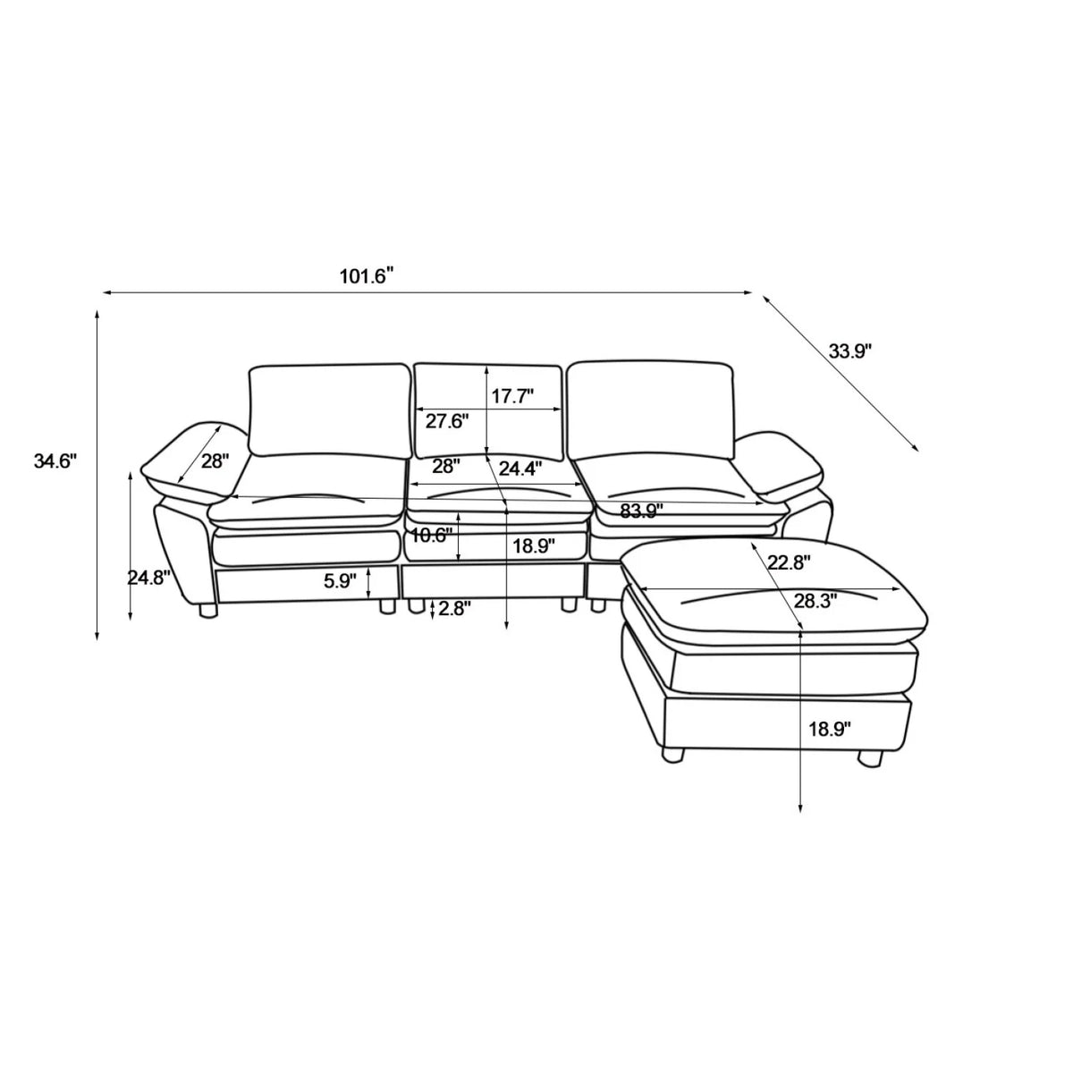 101" Dark Grey Polyester Sectional Sofa with Ottoman W280