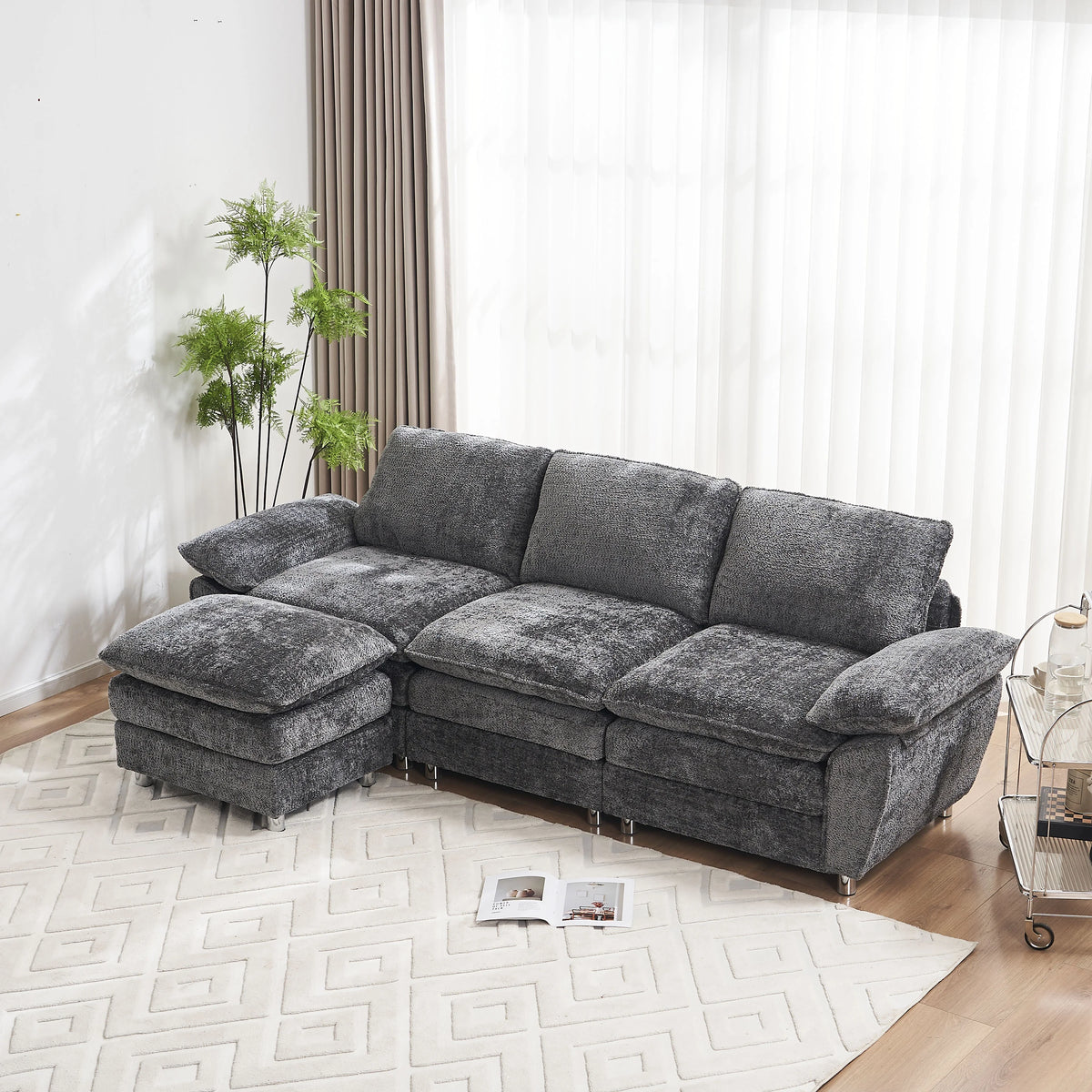 101" Dark Grey Polyester Sectional Sofa with Ottoman W280