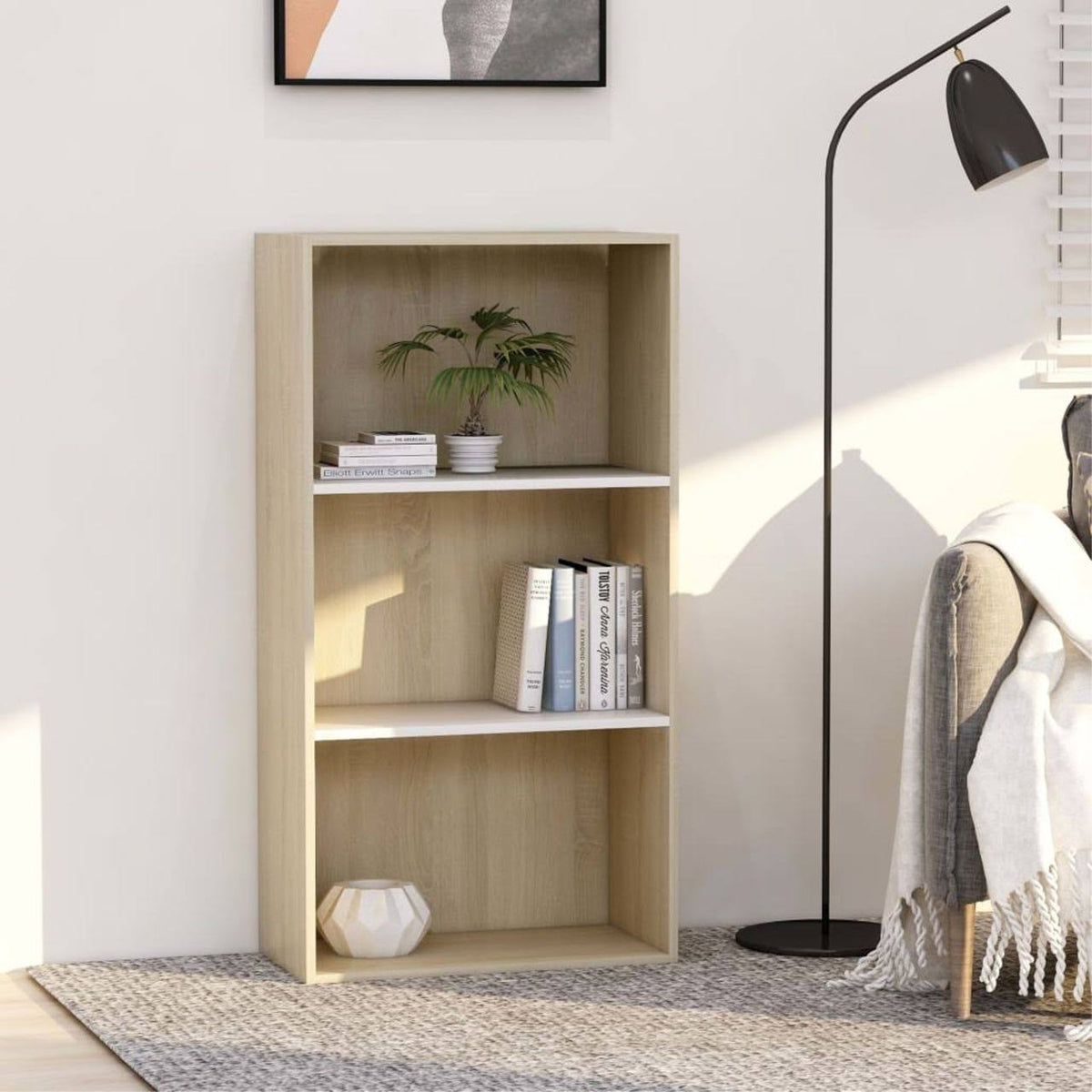 3-Tier Book Cabinet White and Sonoma Oak Chipboard P107162