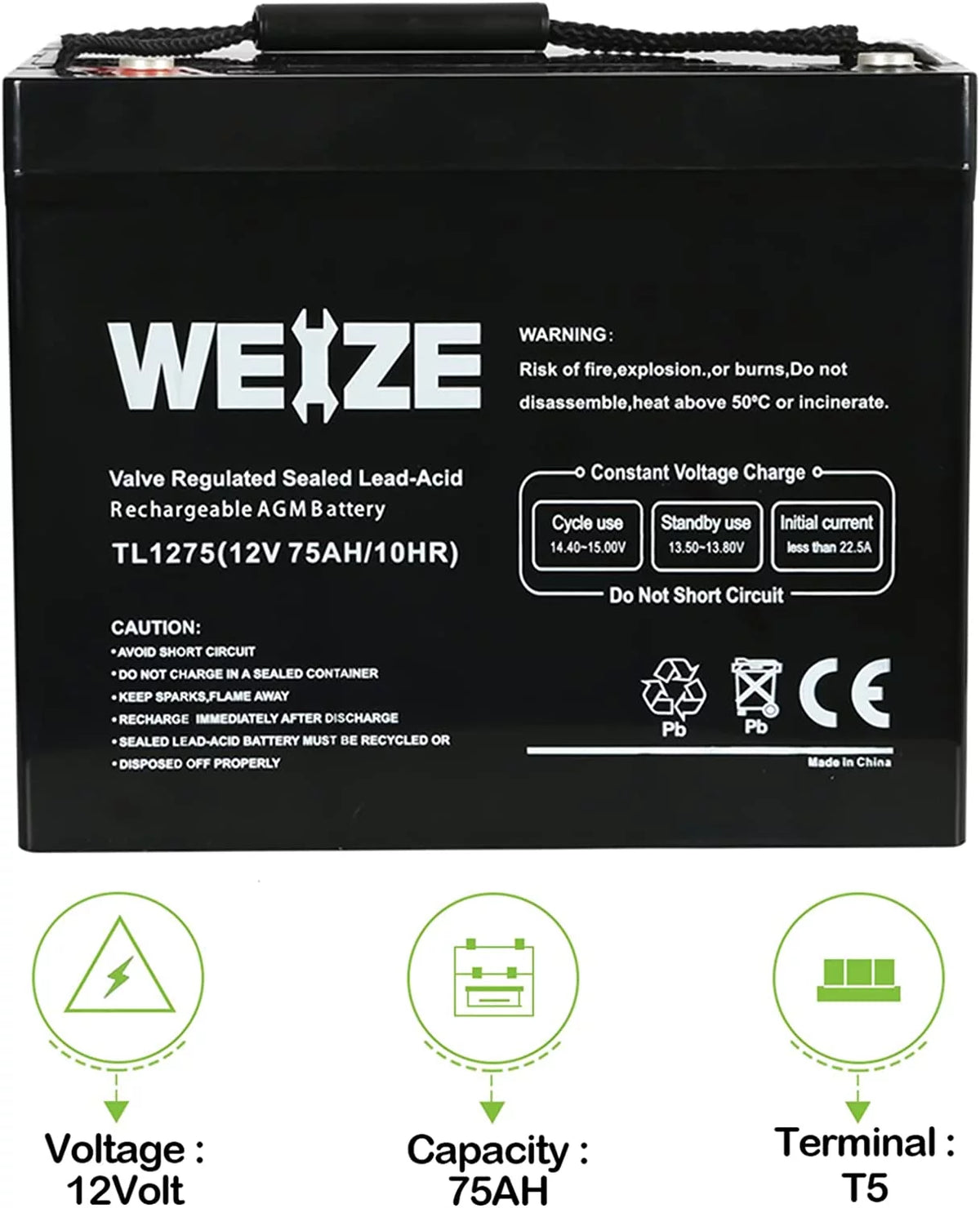 12V 75AH Sealed Lead Acid Rechargeable Deep Cycle SLA AGM Battery Z52816