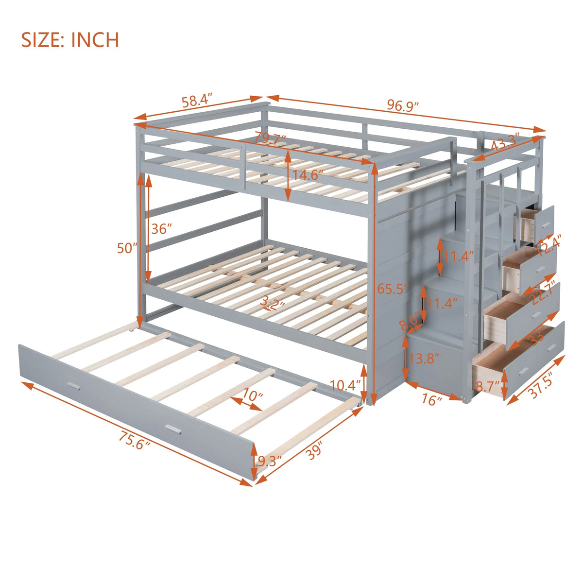 Full Over Full Wood Bunk Bed with Trundle and Stairs, Gray Q39865