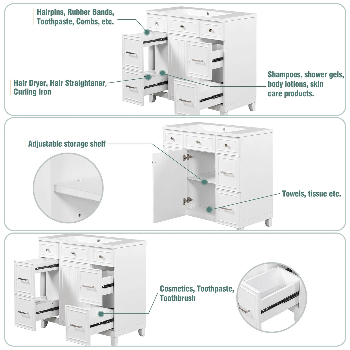 36" White Solid Wood Bathroom Vanity Cabinet with Single Sink Y7830